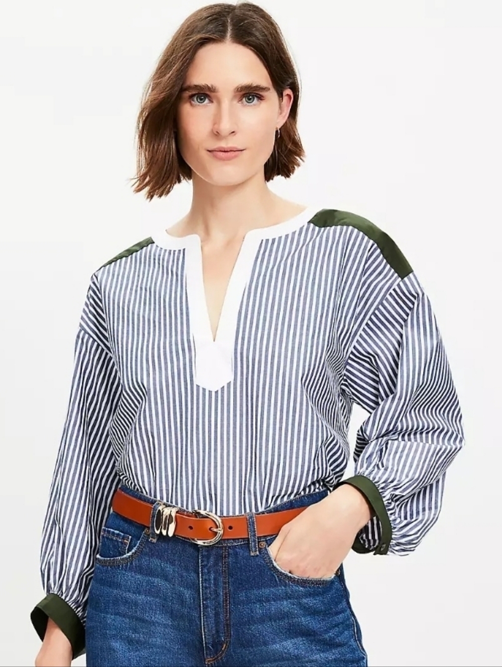 Loft Colorblock Striped Poplin Split Neck Blouse Top Medium